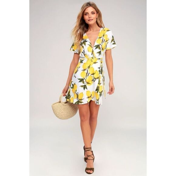Lulu's Lemon Print Wrap Mini Dress - Picture 10 of 16